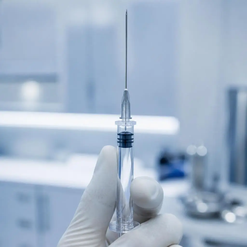 Seringa com agulha usada em preenchimentos faciais em clínica, marcada com um X vermelho