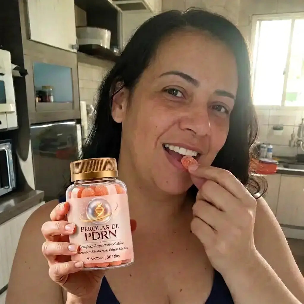 Mulher segurando o pote de Pérolas de PDRN e comendo uma goma