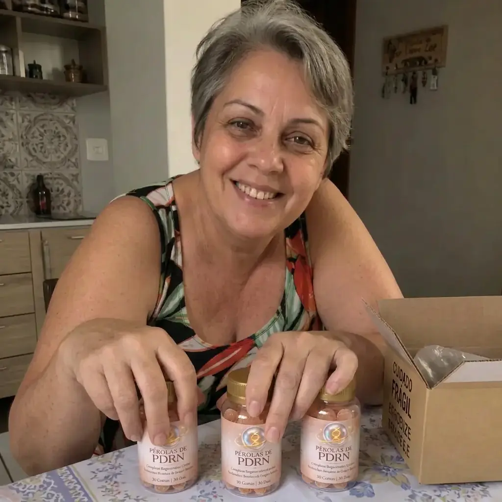 Foto enviada por Marta L. recebendo o frasco de Pérolas de PDRN